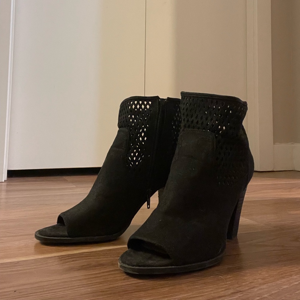 Black, suede, open toed, ankle booties with heel